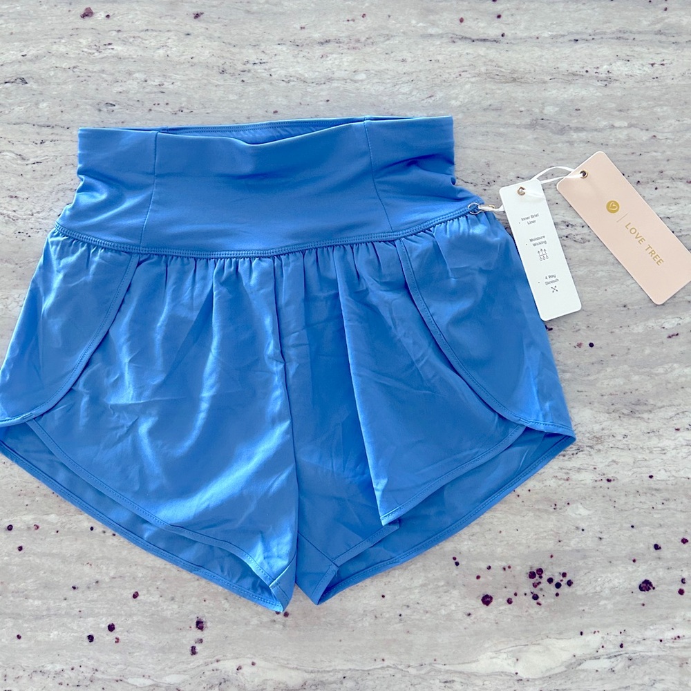 Love Tree high waist track Shorts Large Blue with Brief liner Elastic Waist NWT